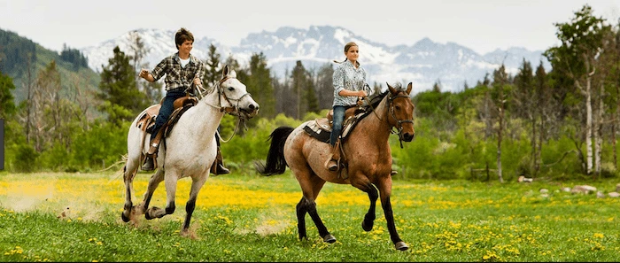 Confident plus-size woman riding Crawley a horse through a field with a smile on her face.